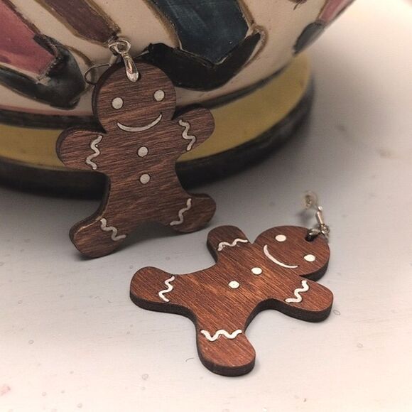Gingerbread Wooden Drop Pierced Earrings - Picture 1 of 9